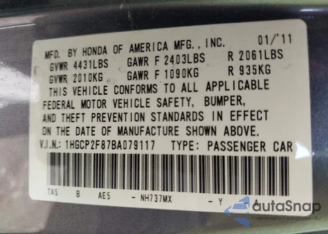 2011 Honda Accord 2.4 Ex-L z USA, uszkodzony, nr VIN 1HGCP2F87BA079117